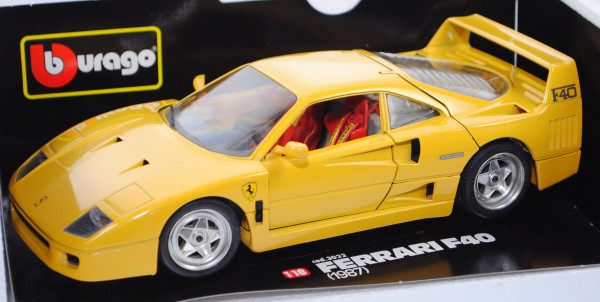 Ferrari F40 (Mod. 1987-1992, Bj. 87), giallo modena, Scheibe rechts unten m. Riss, Bburago, 1:18, mb