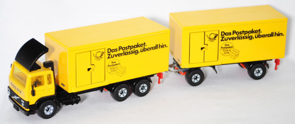 00000 Volvo F7 Turbo 6 (Mod. 78-84) DBP Lastzug mit Kofferaufbau, gelb/schwarz, Das Postpaket.