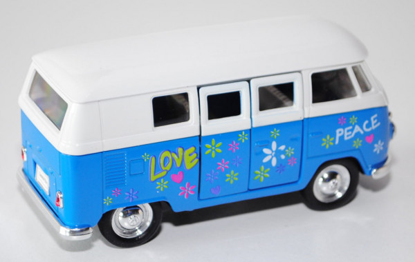 VW Transporter Kombi (Typ 2 T1), Modell 1962, grauweiß/dunkel-himmelblau, LOVE PEACE, Seitentüren zu
