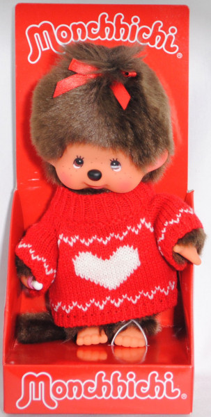 Monchhichi Girl with red pullover (Mädchen mit rotem Pullover), 20 cm groß, Sekiguchi