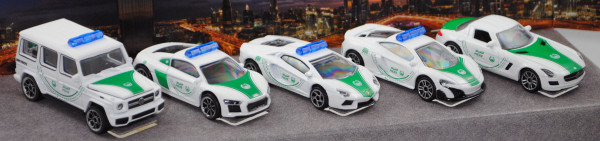 DUBAI POLICE Set: BRABUS 700+Audi R8+Lambo Aventador+McLaren 675LT+MB SLS AMG, majorette, mb