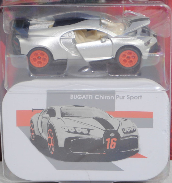 Bugatti Chiron Pur Sport (Modell 2020-), weißaluminiummetallic/schwarz, majorette, 1:65, Blister