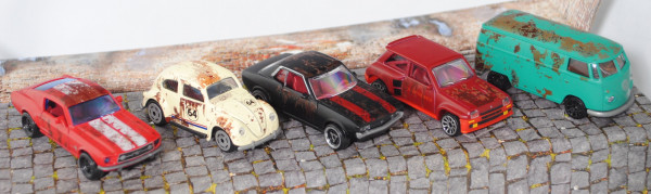 Vintage Rusty Giftpack (5 Mod.): Ford + VW Beetle / Käfer + Toyota + Renault + VW T1, majorette, mb