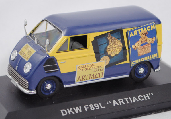 DKW-Schnellaster Kastenwagen (Typ F 89 L Dreigang, Mod. 49-52), blau/gelb, ARTIACH, IXO, 1:43, mb