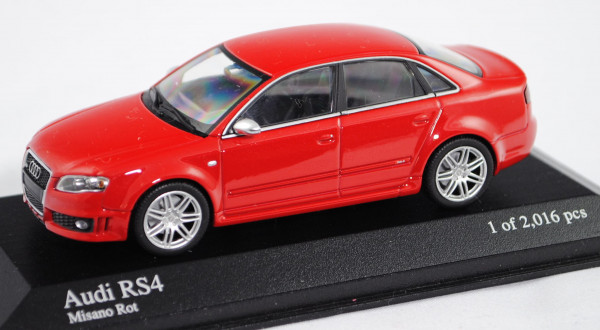 Audi RS4 (B7 Limousine, Typ 8E, Modell 2005-2009), misano rot, 1:43, Minichamps, PC-Box (Umverpackun