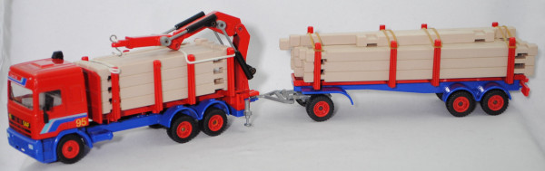 00004 DAF 95.380 Space Cab (Modell 87-90) LKW mit Garage, rot/blau, 1 kurzes Holz fehlt, SIKU, 1:55